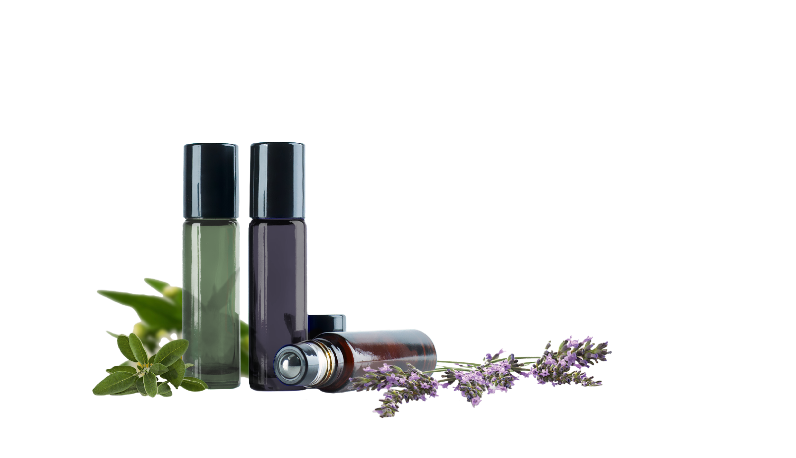 A bottle of essential oil next to a bunch of lavender